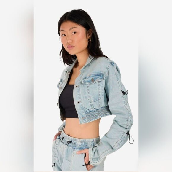 Smoke Rise Cropped Denim Jean Short Bungee Jacket Stretch Blue Size L Streetwear - Picture 1 of 11